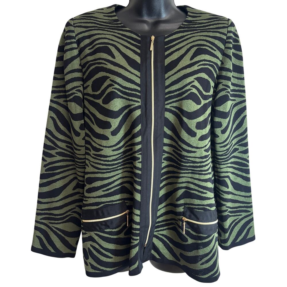 Misook Womens Large Zebra Print Knit Jacket Green Black Zip Front Shoulder Pad
